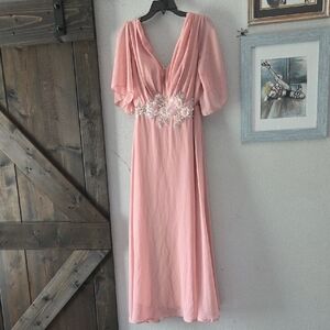 Blush Pink V-Neck Maxi Dress with Floral Waist Embellishment 20 3XL
